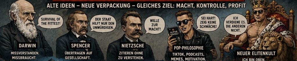 Bildleiste mit fünf Feldern unter der Zeile „Alte Ideen – neue Verpackung – gleiches Ziel: Macht, Kontrolle, Profit“. Darwin: missverstanden, missbraucht, mit der Sprechblase „Survival of the fittest“. Spencer: übertragen auf Gesellschaft, „Der Staat hilft nur den Unwürdigen“. Nietzsche: zitieren ohne zu verstehen, „Wille zur Macht“. Pop-Philosophie: TikTok, Podcasts, Memes, Motivation, „Sei hart, zeig keine Schwäche“. Neuer Elitenkult: eine gekrönte Figur auf einem Thron mit der Sprechblase „Ich verdiene es, die anderen nicht“ und der Unterschrift „Ich bin oben“.